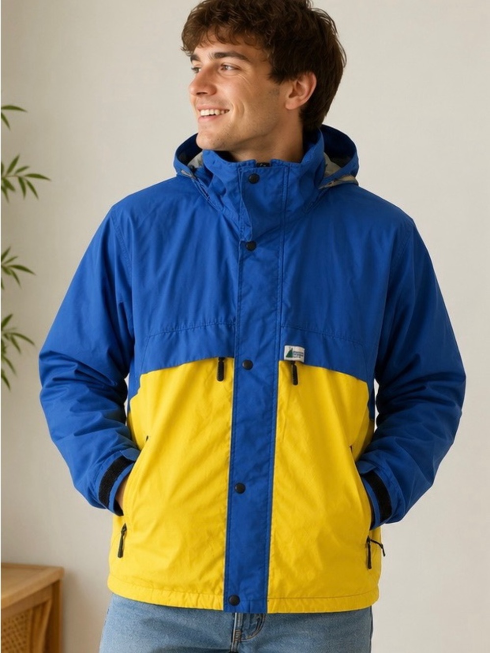 Men's Blue and Yellow Hooded Rain Jacket